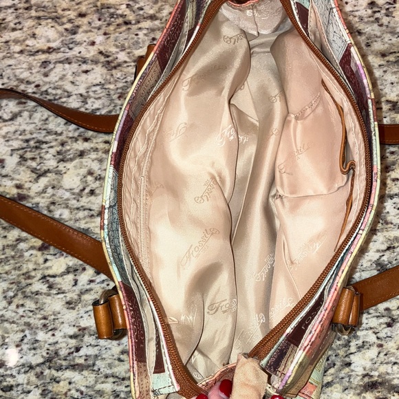 Fossil Vintage Travel Print Satchel Shoulder Bag Brown Leather Handles Cream - Picture 9 of 16